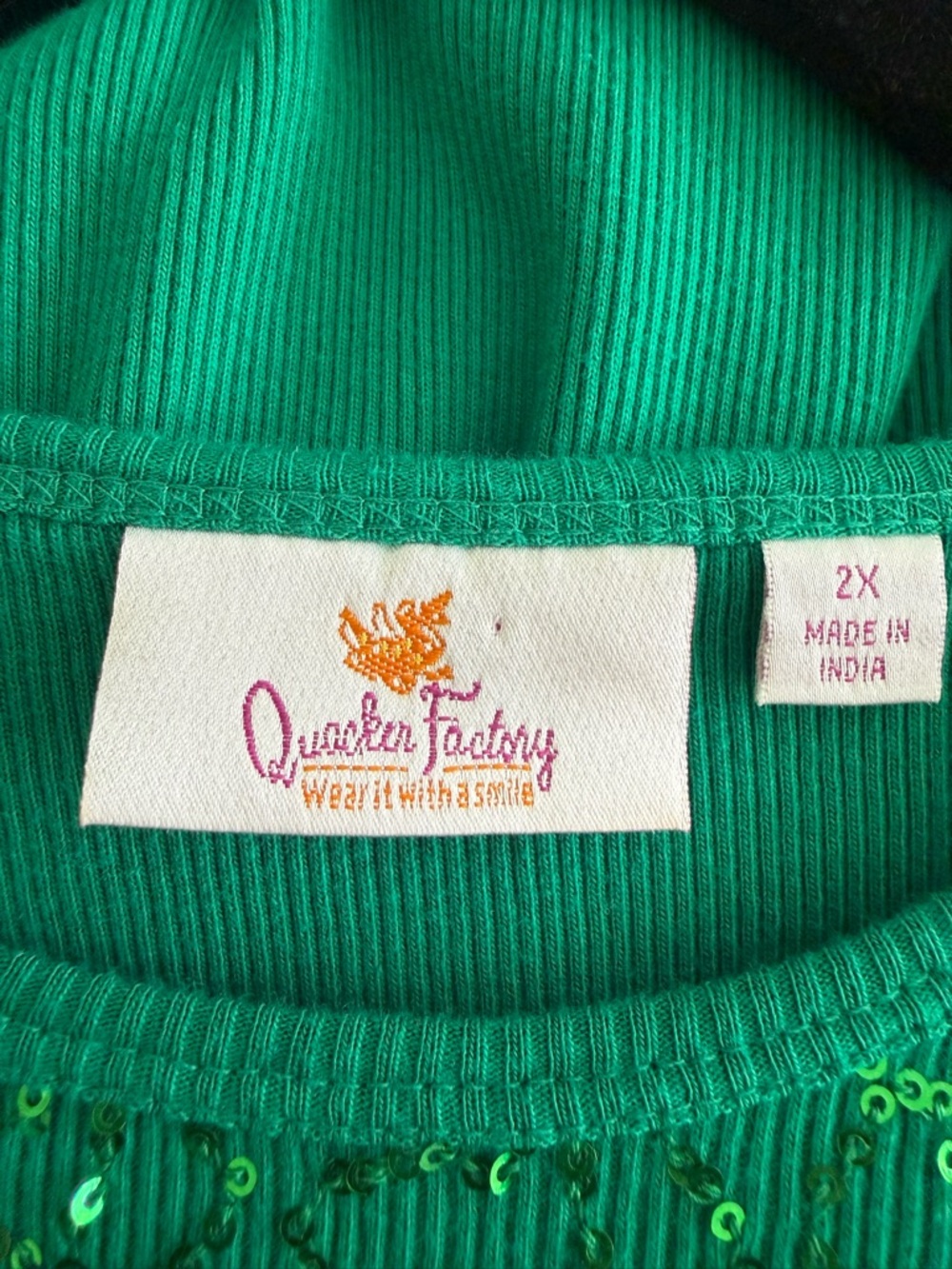 Quacker Factory Green Sequin Top 3/4 Sleeve Ribbed Shirt 2X Holiday - Picture 4 of 5